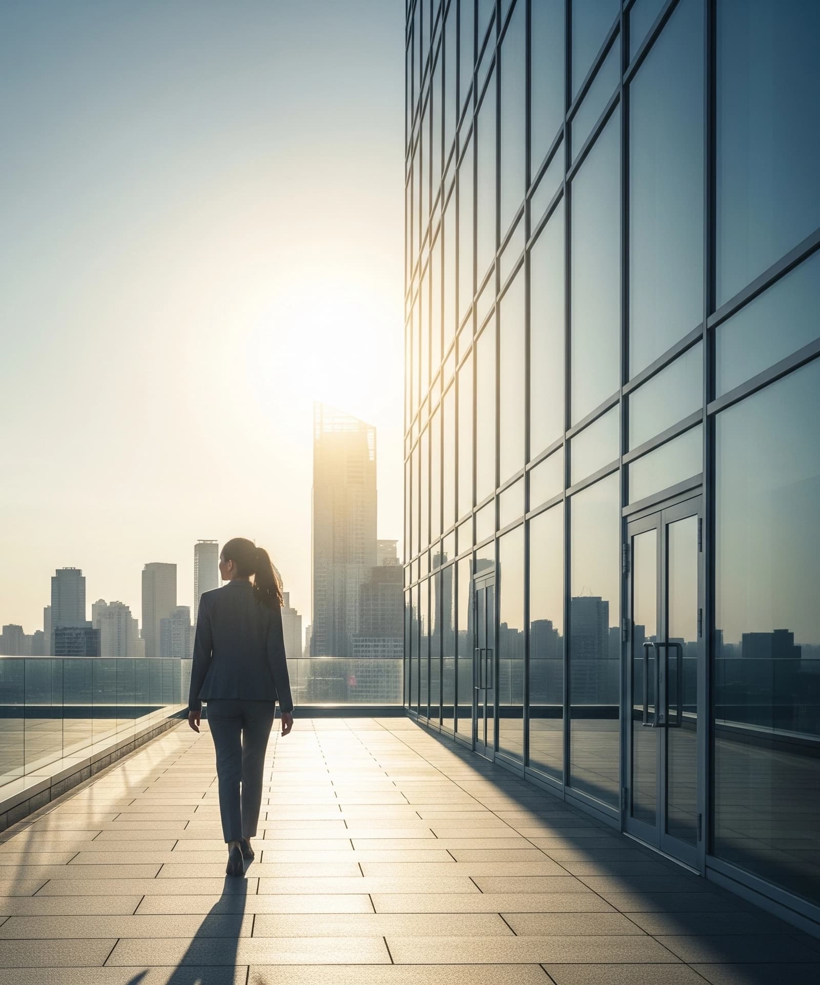 Professional woman in corporate attire walking near a business building