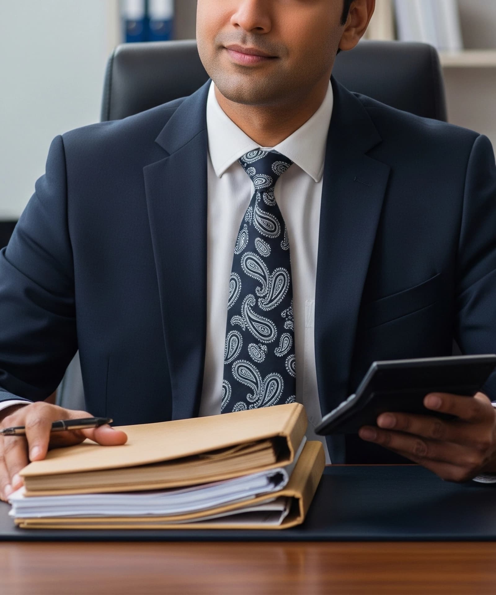 Credit underwriter evaluating loan application documents in an office