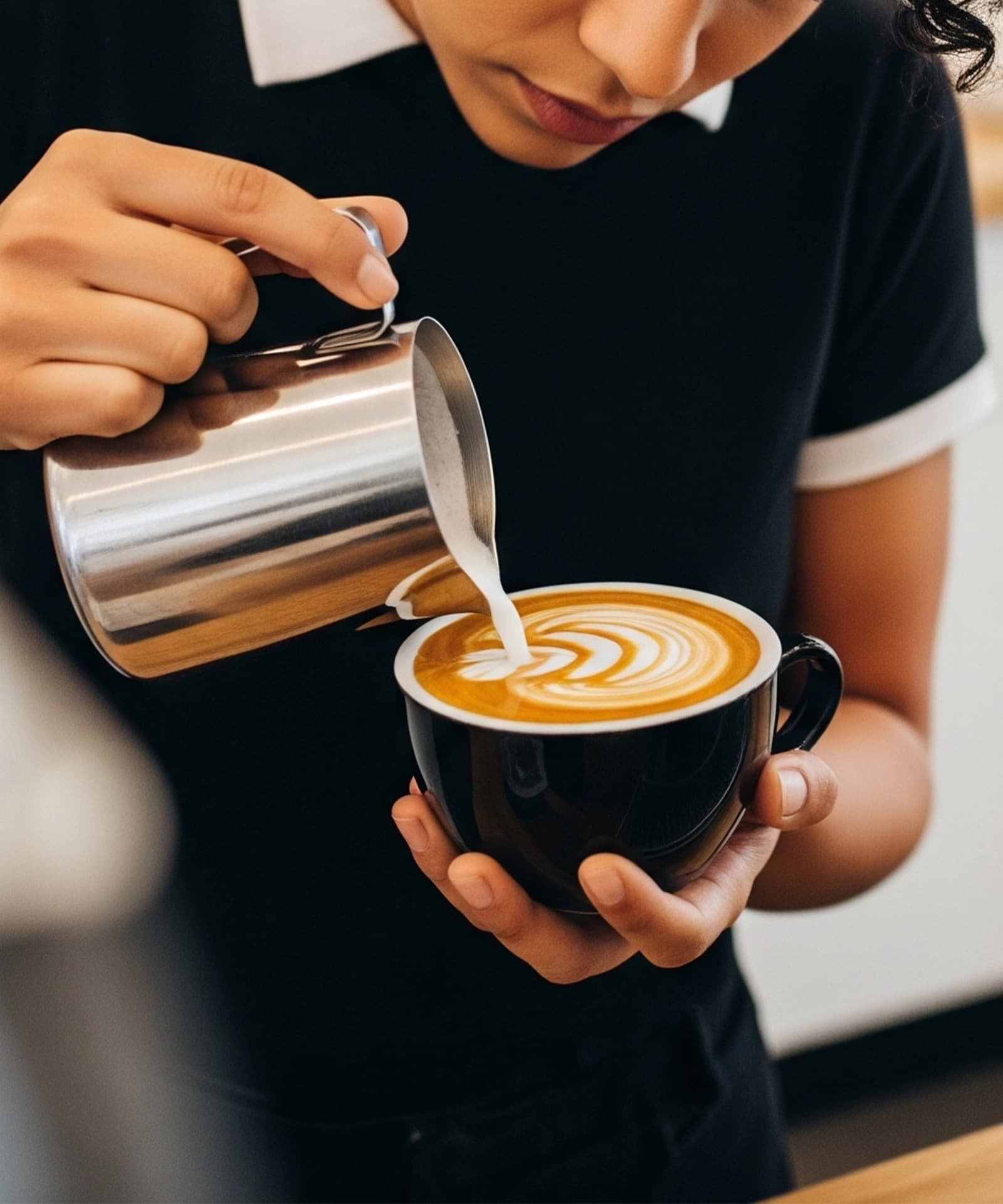 Barista preparing coffee and beverages in a clean professional setting