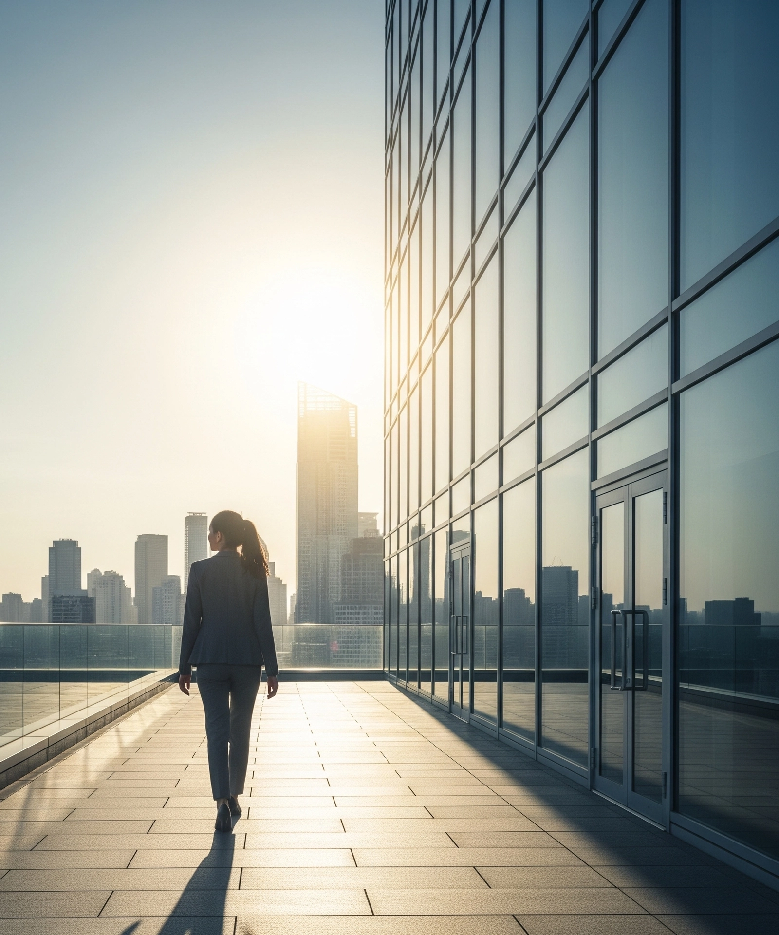 Professional woman in business attire walking past building — Join Global8 Finance Corporation